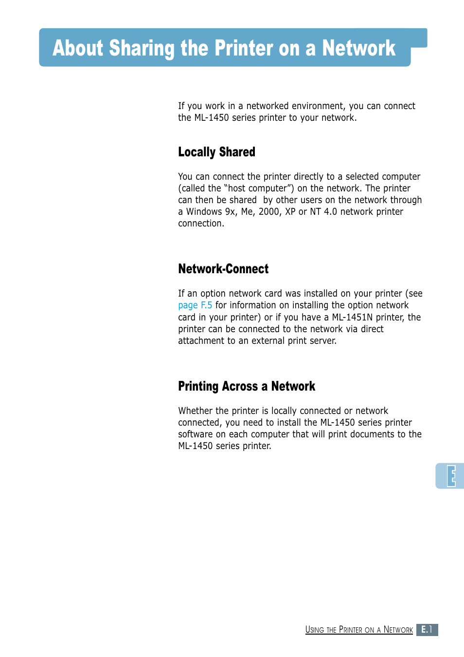 About sharing the printer on a network, Locally shared, Network-connect | Printing across a network | Samsung ML-1450-XAX User Manual | Page 184 / 206