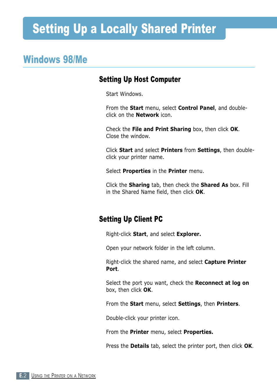 Setting up a locally shared printer, Windows 98/me, Setting up host computer | Setting up client pc | Samsung ML-1450-XAX User Manual | Page 185 / 206