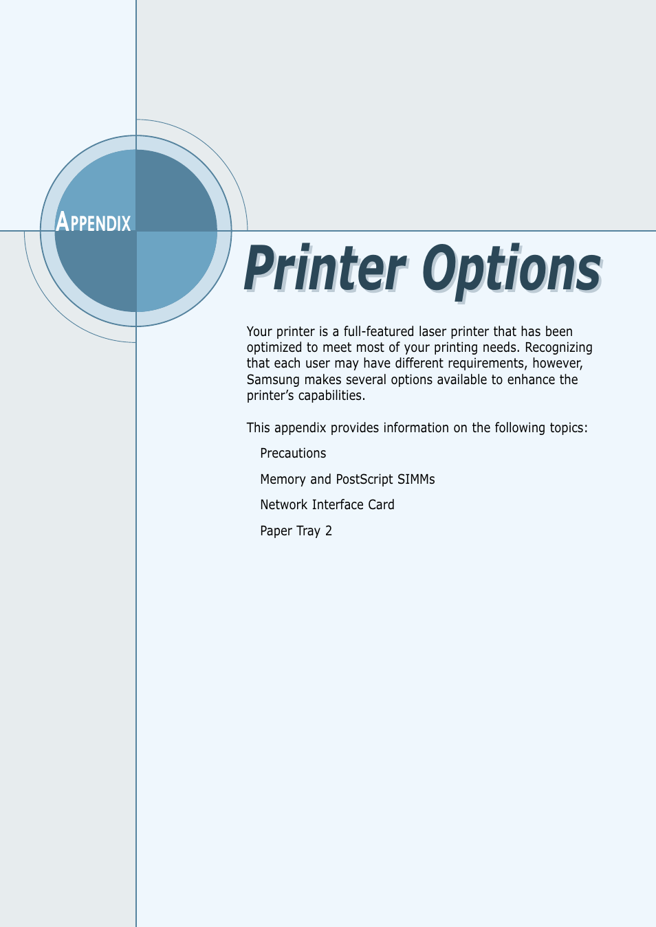 Appendix f printer options, Printer options, Appendix f | Samsung ML-1450-XAX User Manual | Page 189 / 206