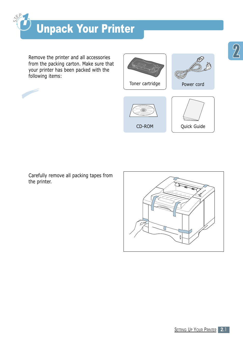 Unpack your printer, Step 1, Step 1 : unpack your printer | Samsung ML-1450-XAX User Manual | Page 20 / 206