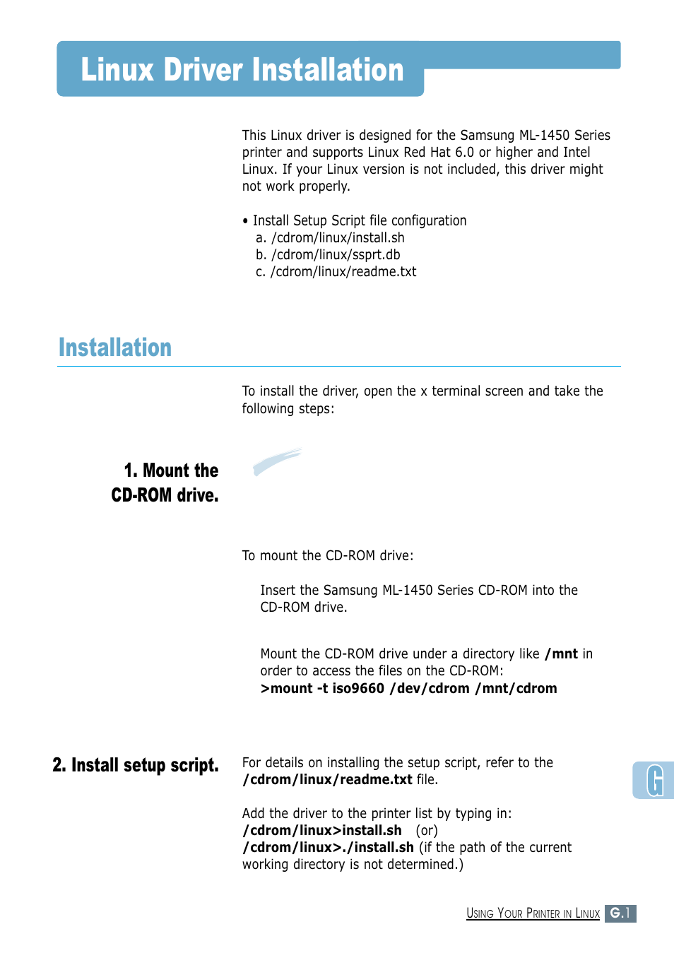 Linux driver installation, Installation, Mount the cd-rom drive. 2. install setup script | Samsung ML-1450-XAX User Manual | Page 200 / 206