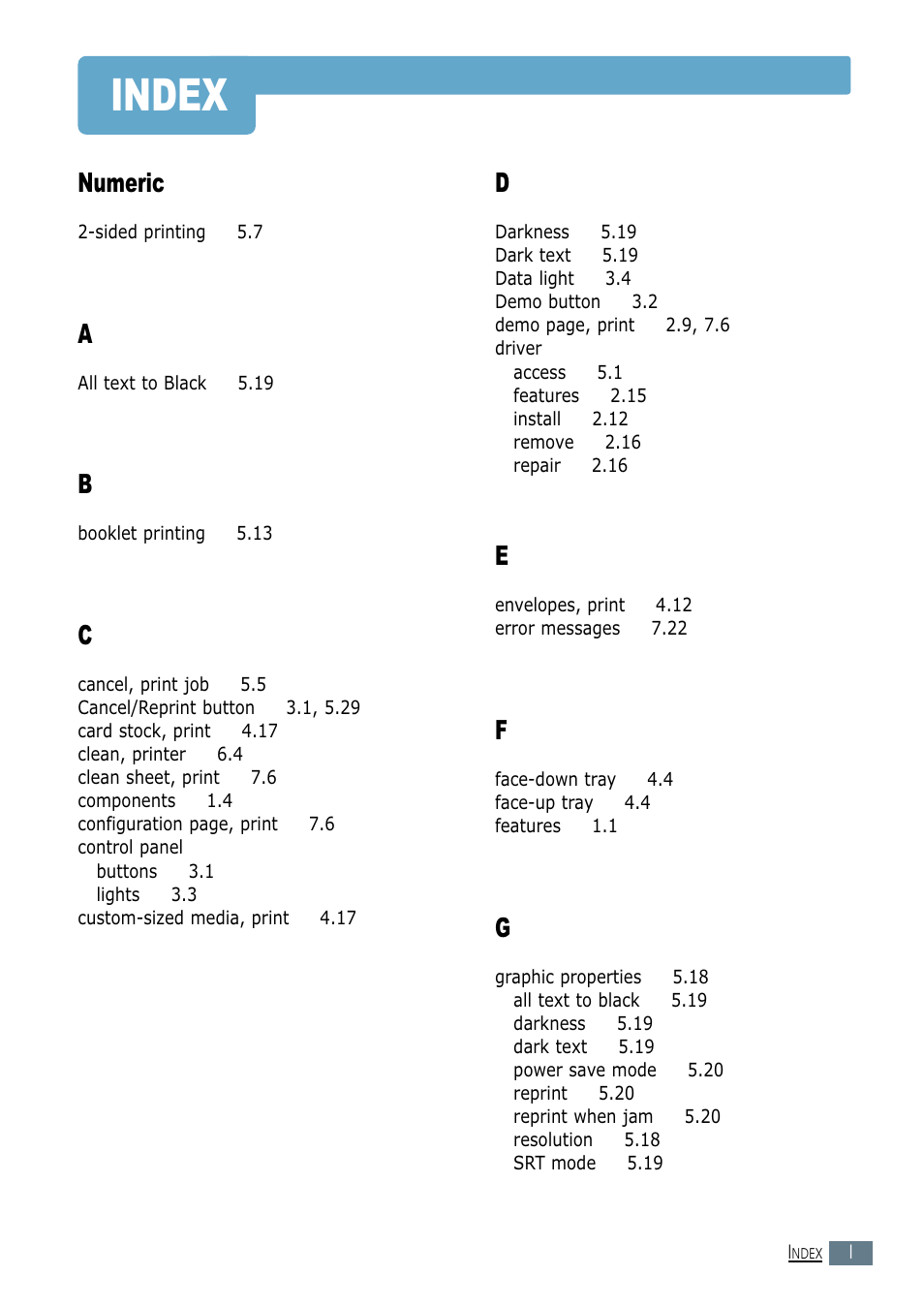 Index, Numeric | Samsung ML-1450-XAX User Manual | Page 202 / 206