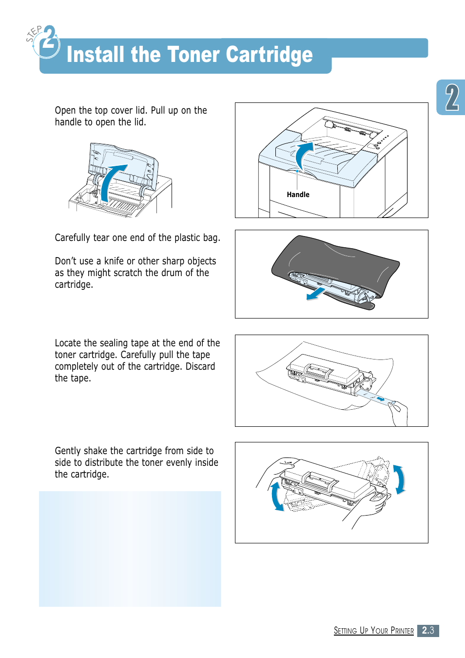 Install the toner cartridge, Step 2, Step 2 : install the toner cartridge | Samsung ML-1450-XAX User Manual | Page 22 / 206