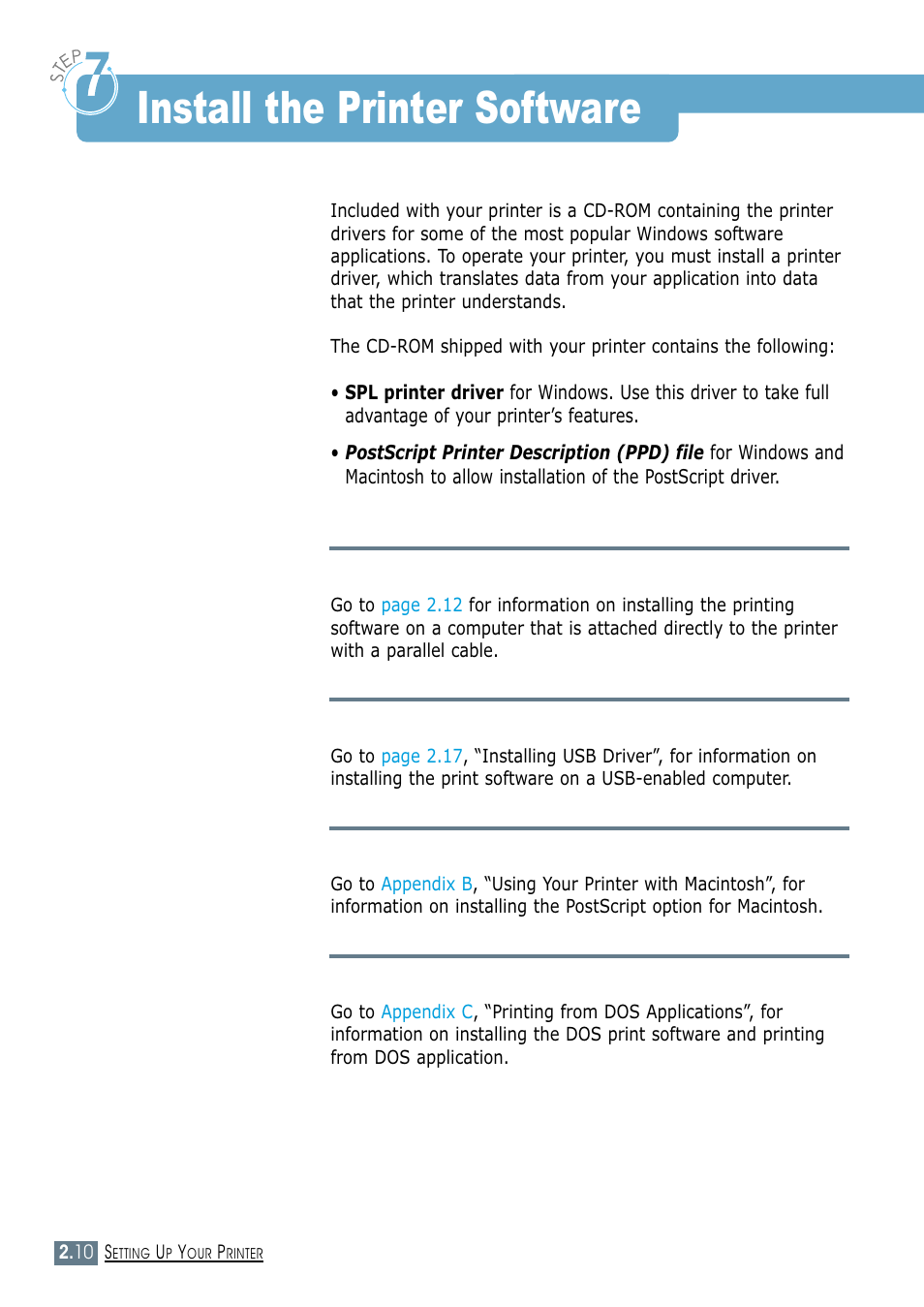 Install the printer software, Step 7, Step 7 : install the printer software | Samsung ML-1450-XAX User Manual | Page 29 / 206