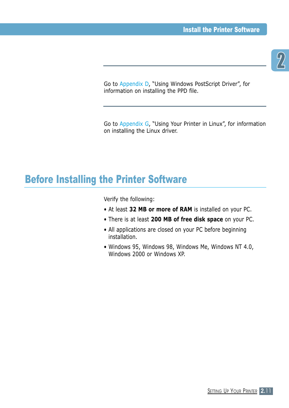 Before installing the printer software, Install the printer software | Samsung ML-1450-XAX User Manual | Page 30 / 206