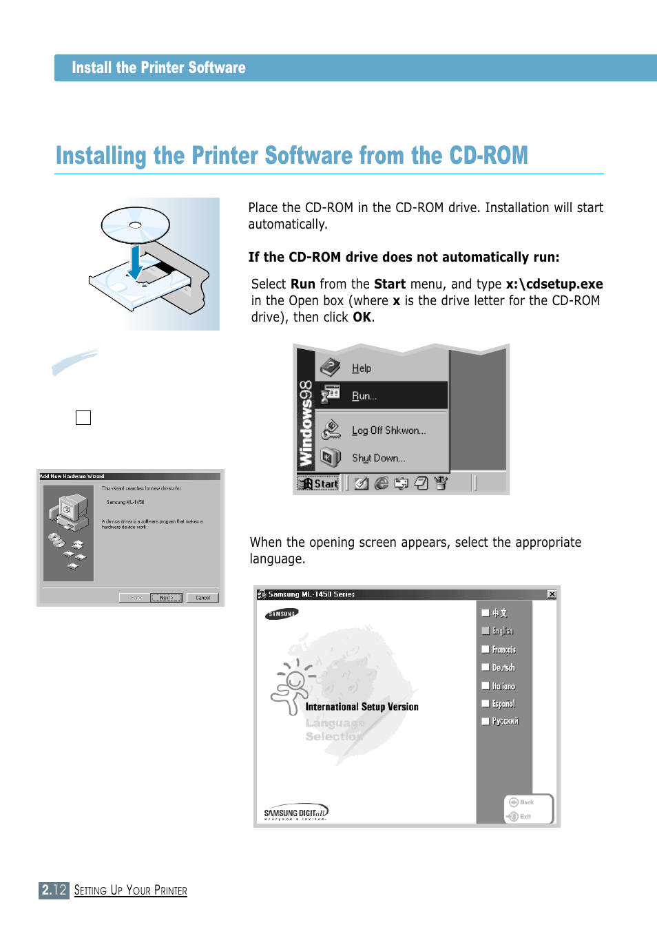 Installing the printer software from the cd-rom, Install the printer software 2 | Samsung ML-1450-XAX User Manual | Page 31 / 206