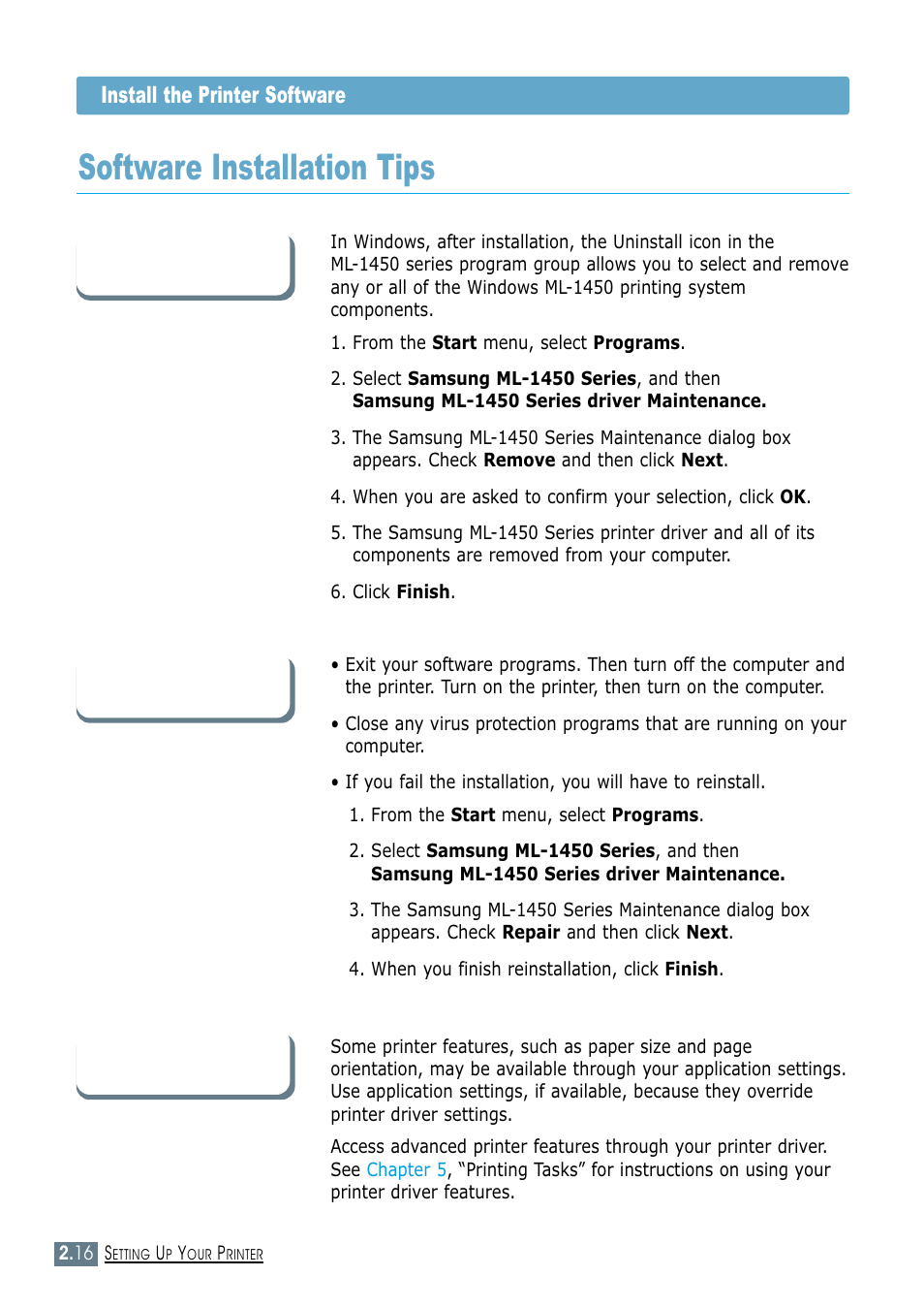 Software installation tips, Install the printer software | Samsung ML-1450-XAX User Manual | Page 35 / 206