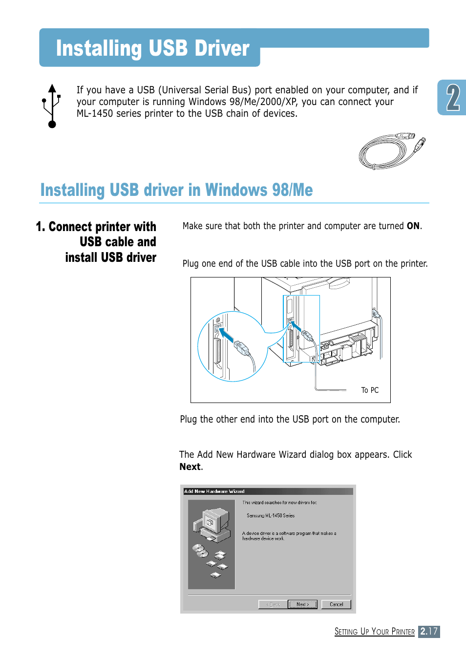 Installing usb driver, Installing usb driver in windows 98/me | Samsung ML-1450-XAX User Manual | Page 36 / 206