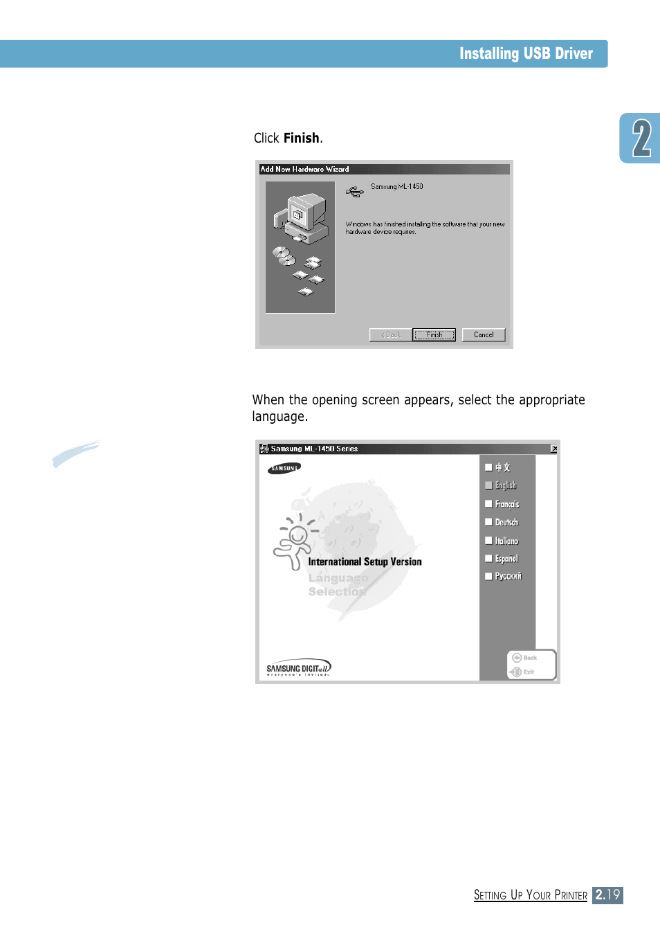 Installing usb driver 8 | Samsung ML-1450-XAX User Manual | Page 38 / 206