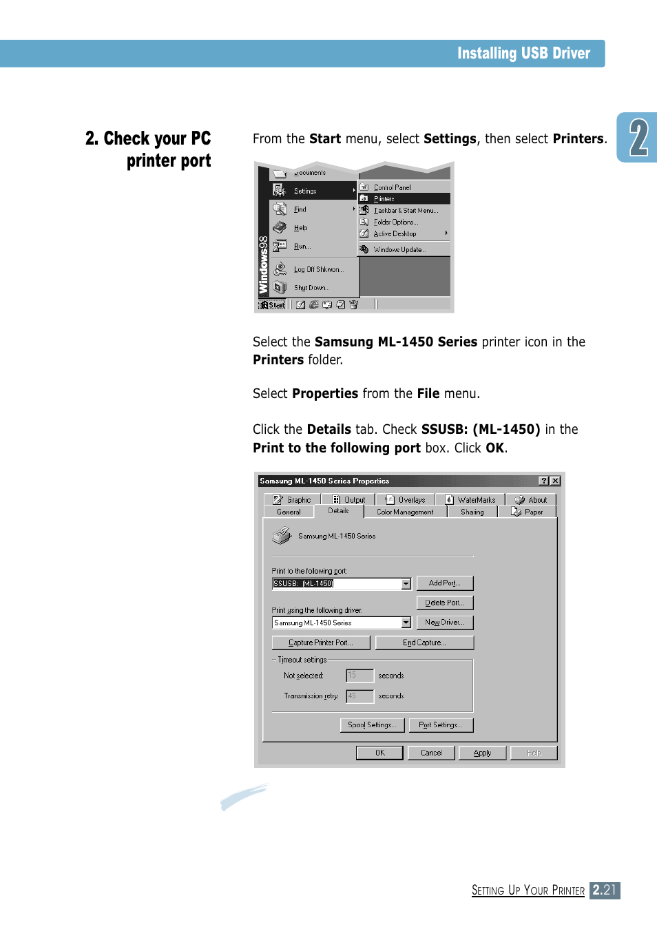 Check your pc printer port, Installing usb driver 2 | Samsung ML-1450-XAX User Manual | Page 40 / 206