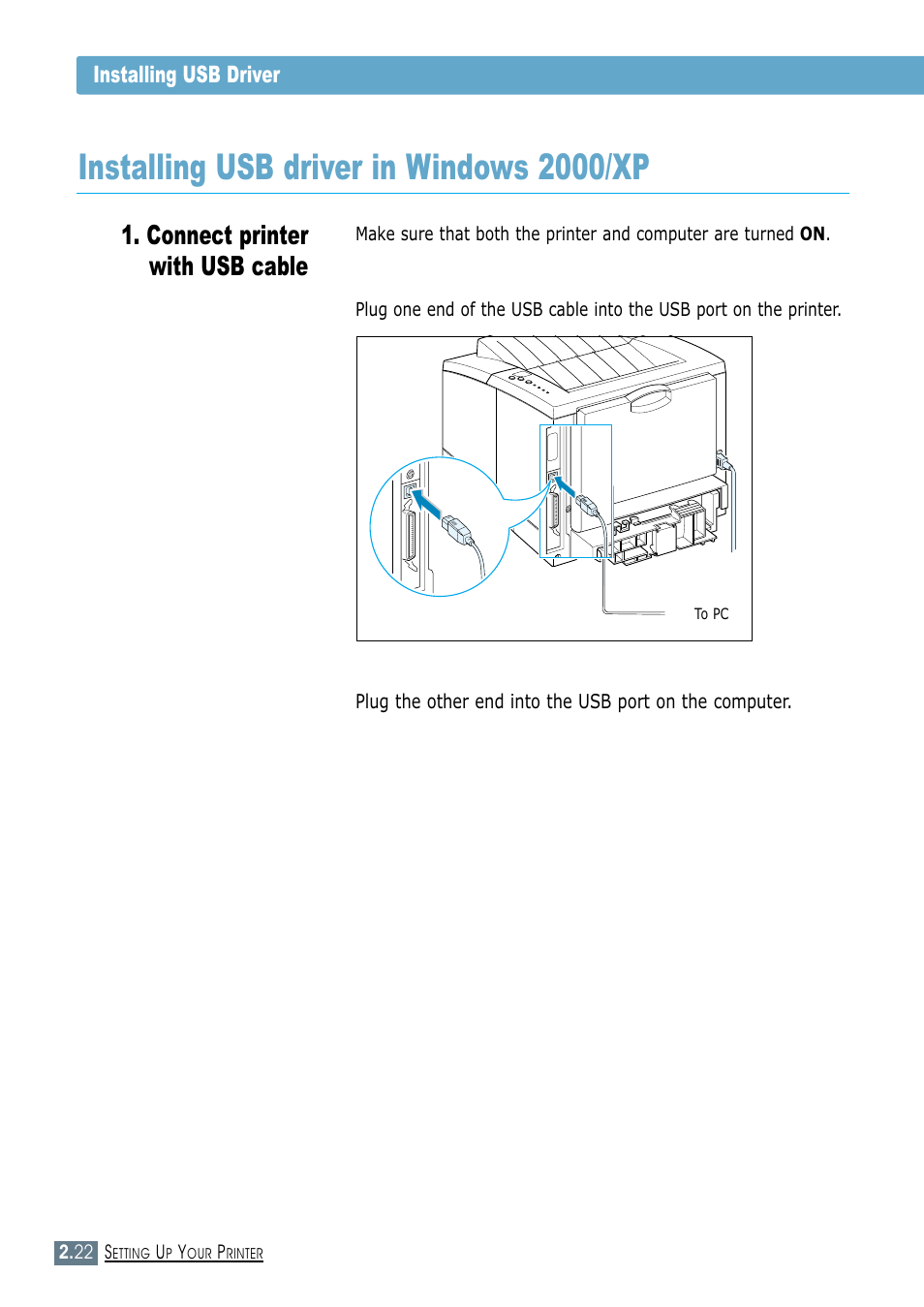 Installing usb driver in windows 2000/xp, Connect printer with usb cable | Samsung ML-1450-XAX User Manual | Page 41 / 206