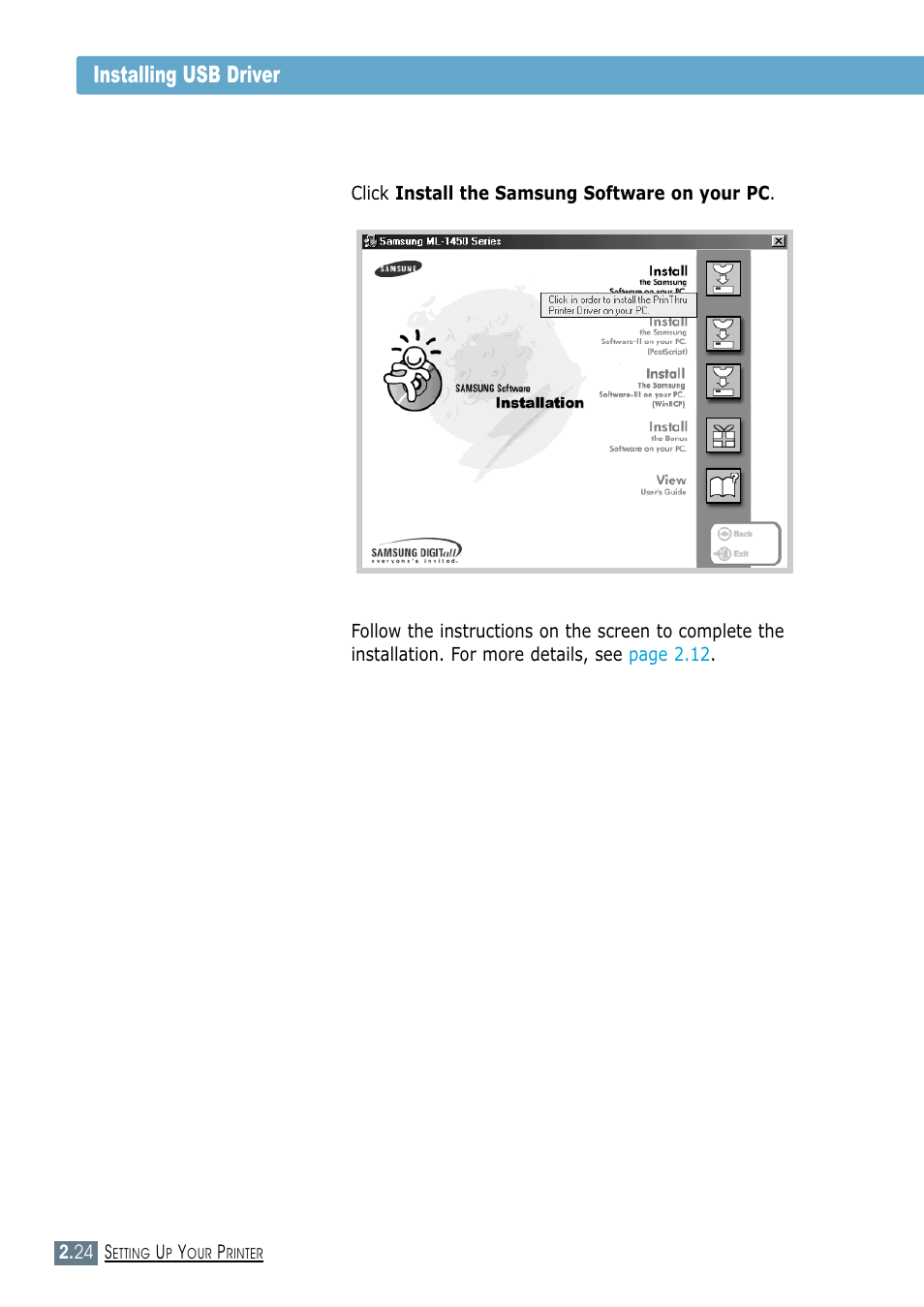 Installing usb driver 3 | Samsung ML-1450-XAX User Manual | Page 43 / 206