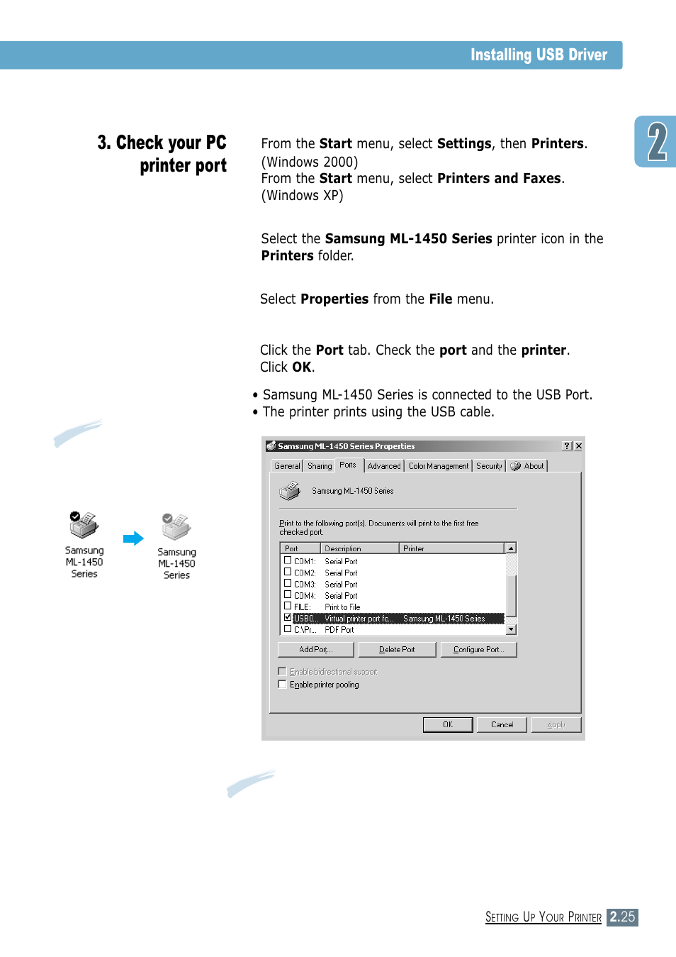 Check your pc printer port, Installing usb driver | Samsung ML-1450-XAX User Manual | Page 44 / 206
