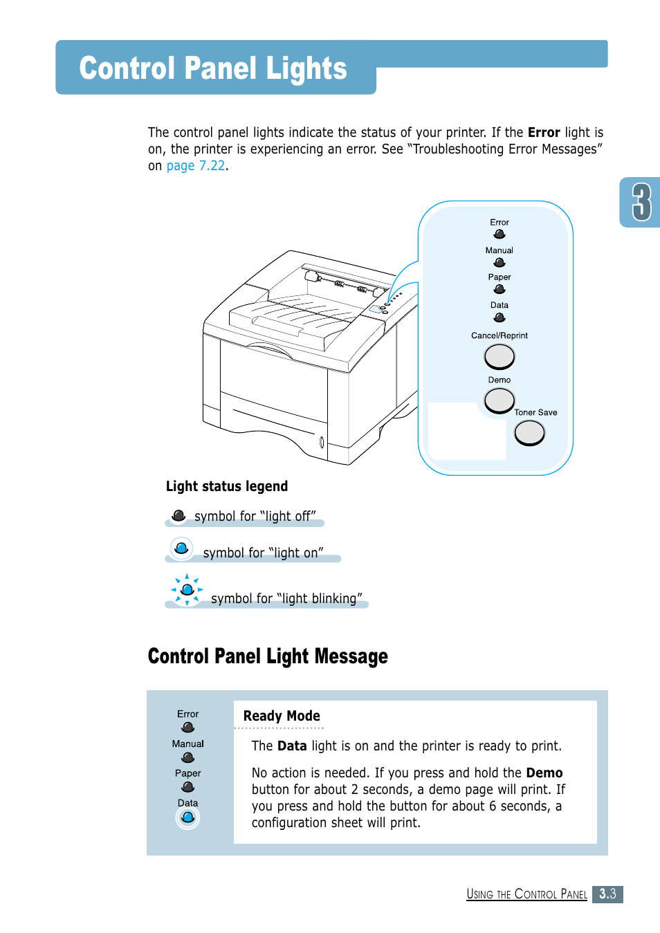 Control panel lights, Control panel light message | Samsung ML-1450-XAX User Manual | Page 50 / 206