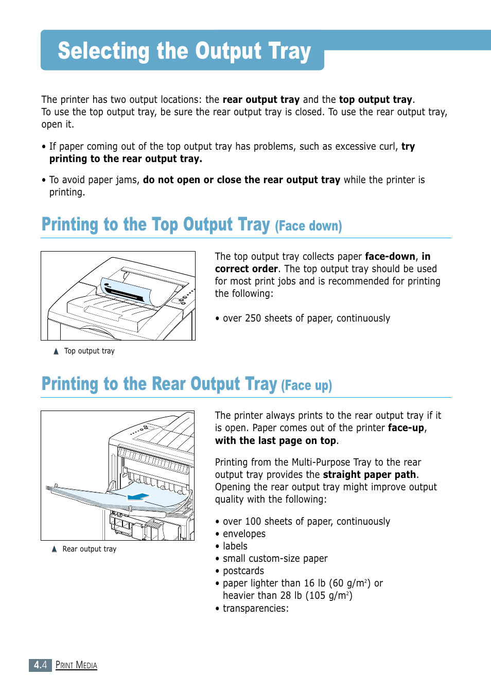 Selecting the output tray, Printing to the top output tray (face down), Printing to the rear output tray(face up) | Printing to the top output tray, Printing to the rear output tray, Face down), Face up) | Samsung ML-1450-XAX User Manual | Page 57 / 206