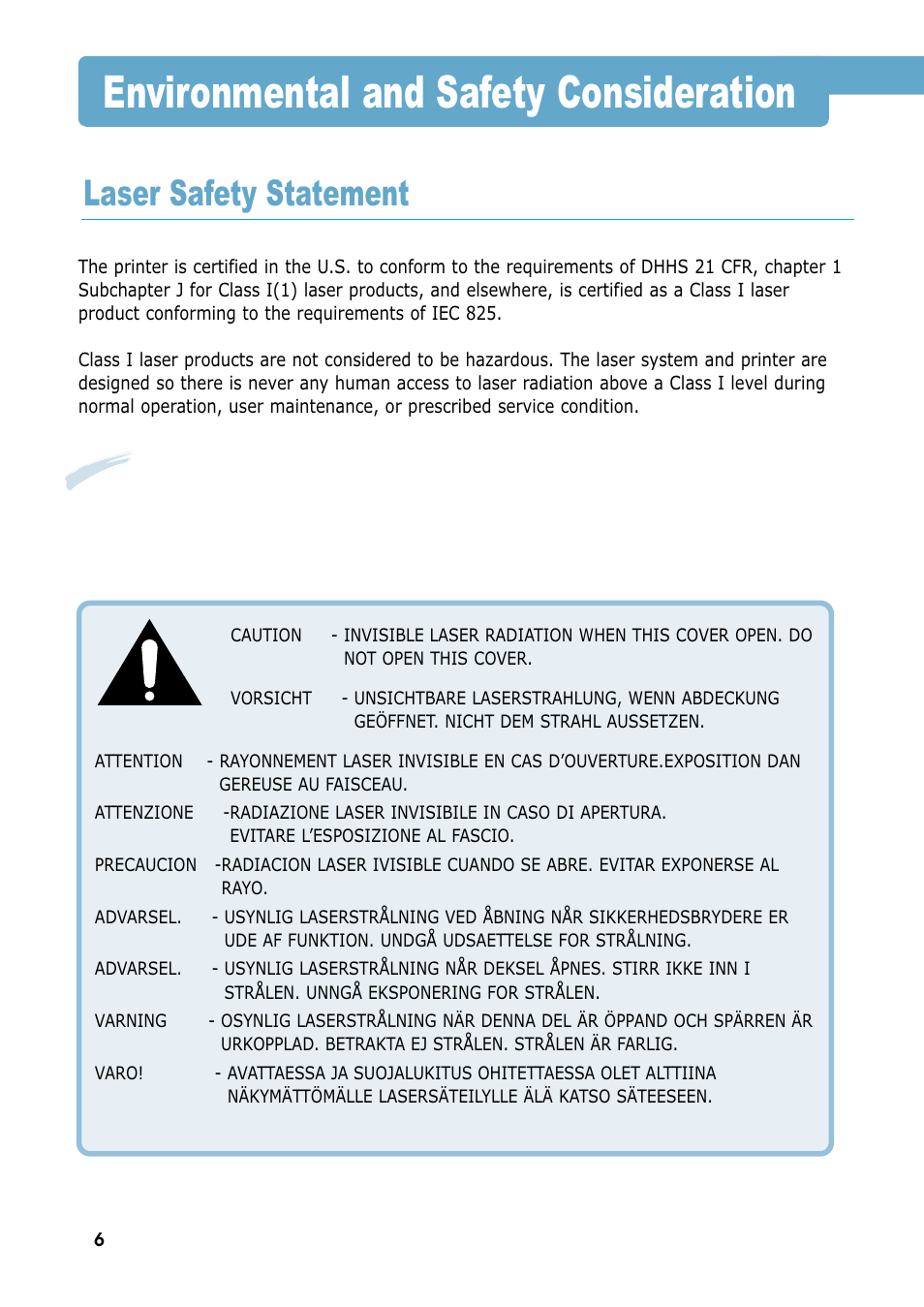 Environmental and safety consideration, Laser safety statement | Samsung ML-1450-XAX User Manual | Page 7 / 206