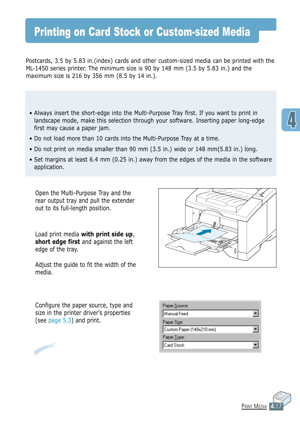 Printing on card stock or custom-sized media, Guidelines | Samsung ML-1450-XAX User Manual | Page 70 / 206