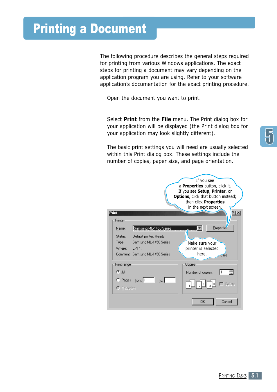 Printing a document | Samsung ML-1450-XAX User Manual | Page 72 / 206