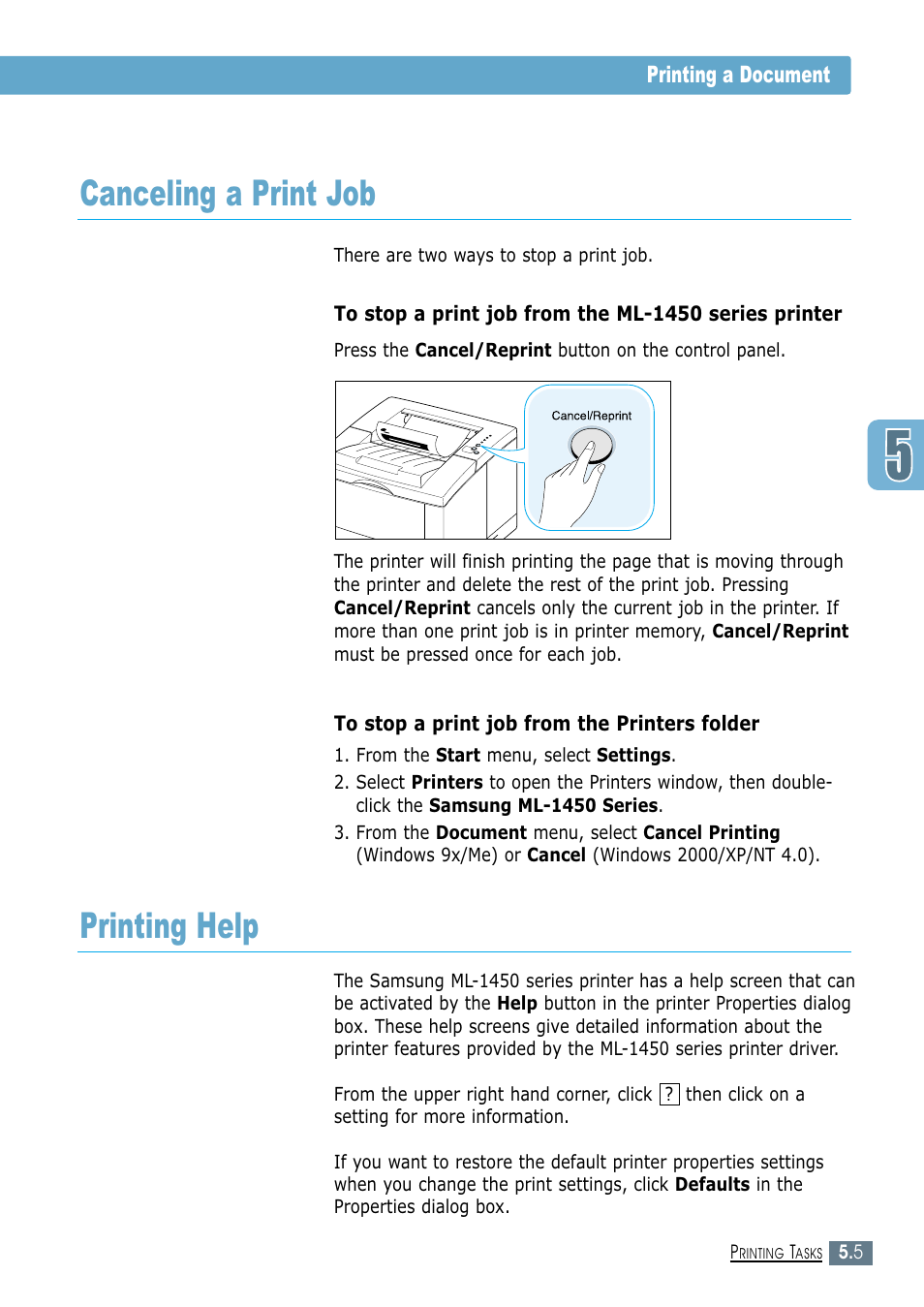 Canceling a print job, Printing help, Canceling a print job printing help | Samsung ML-1450-XAX User Manual | Page 76 / 206