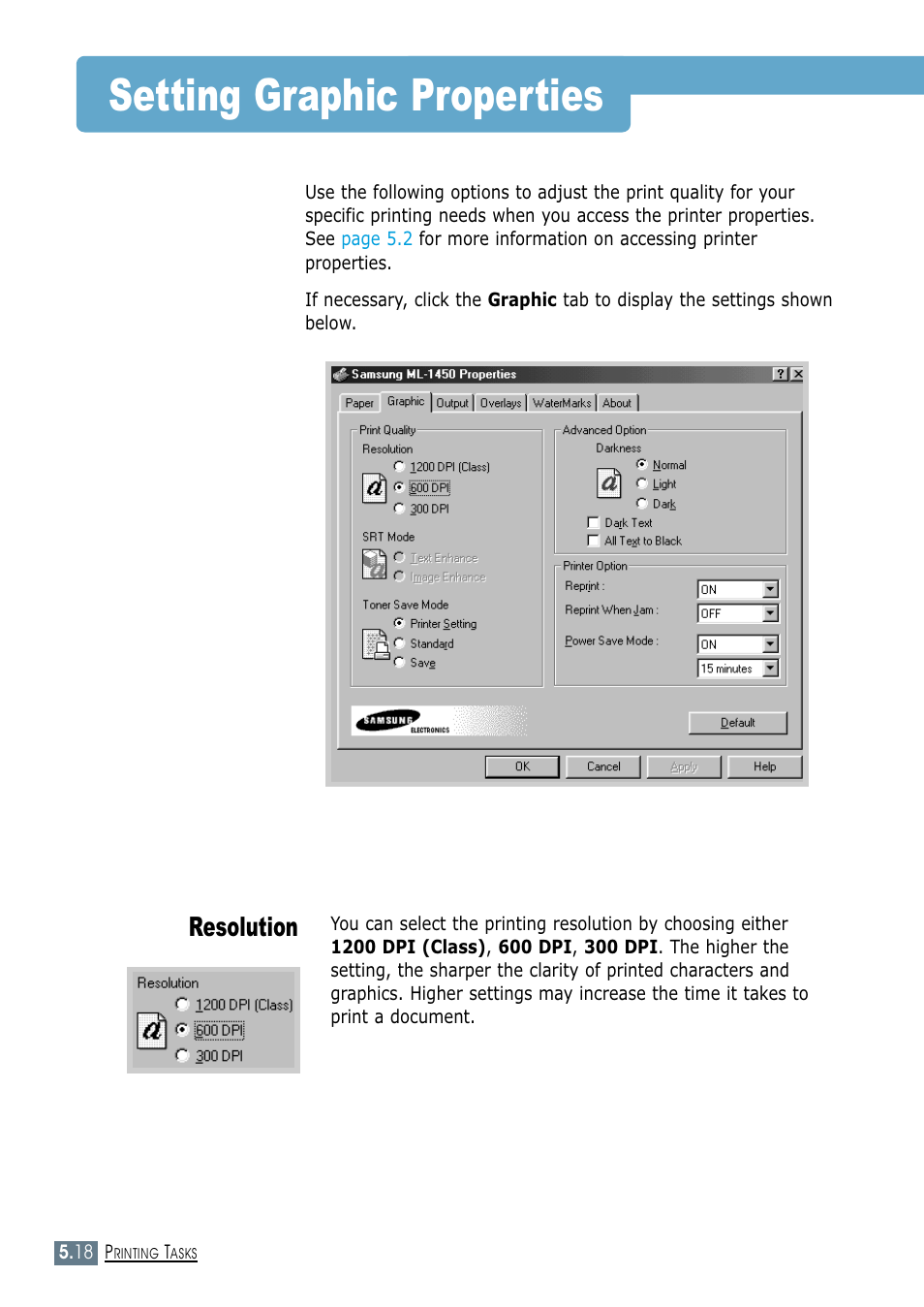 Setting graphic properties, Resolution | Samsung ML-1450-XAX User Manual | Page 89 / 206