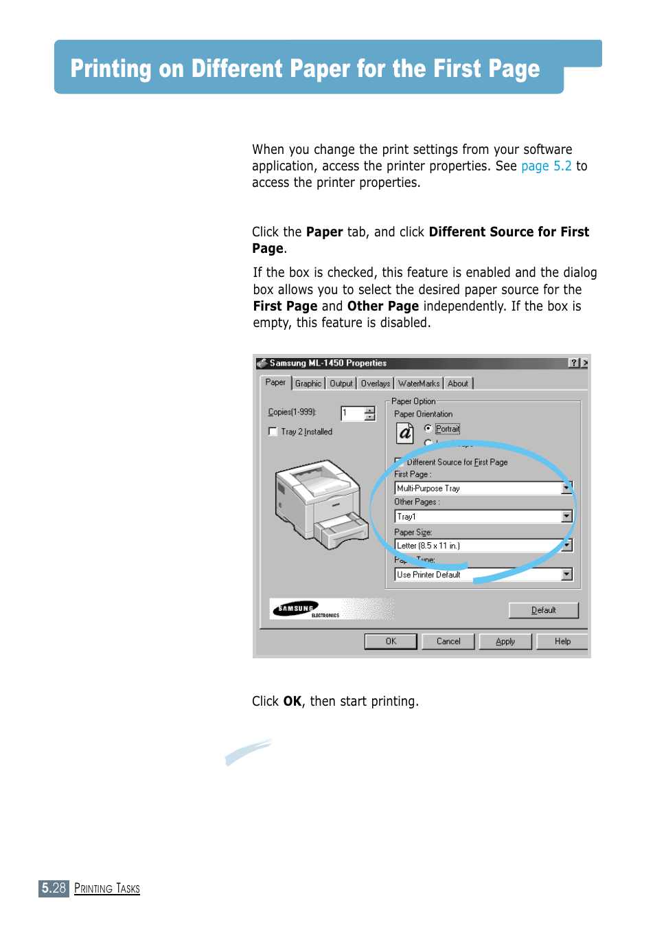 Printing on different paper for the first page | Samsung ML-1450-XAX User Manual | Page 99 / 206