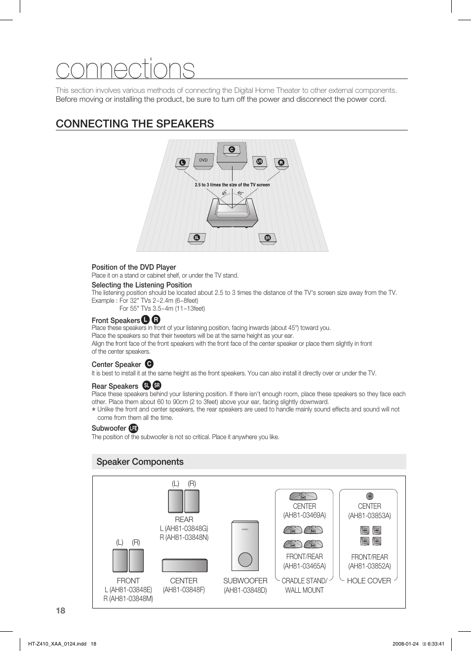 Connections, Connecting the speakers | Samsung HT-Z410T-XAA User Manual | Page 19 / 71