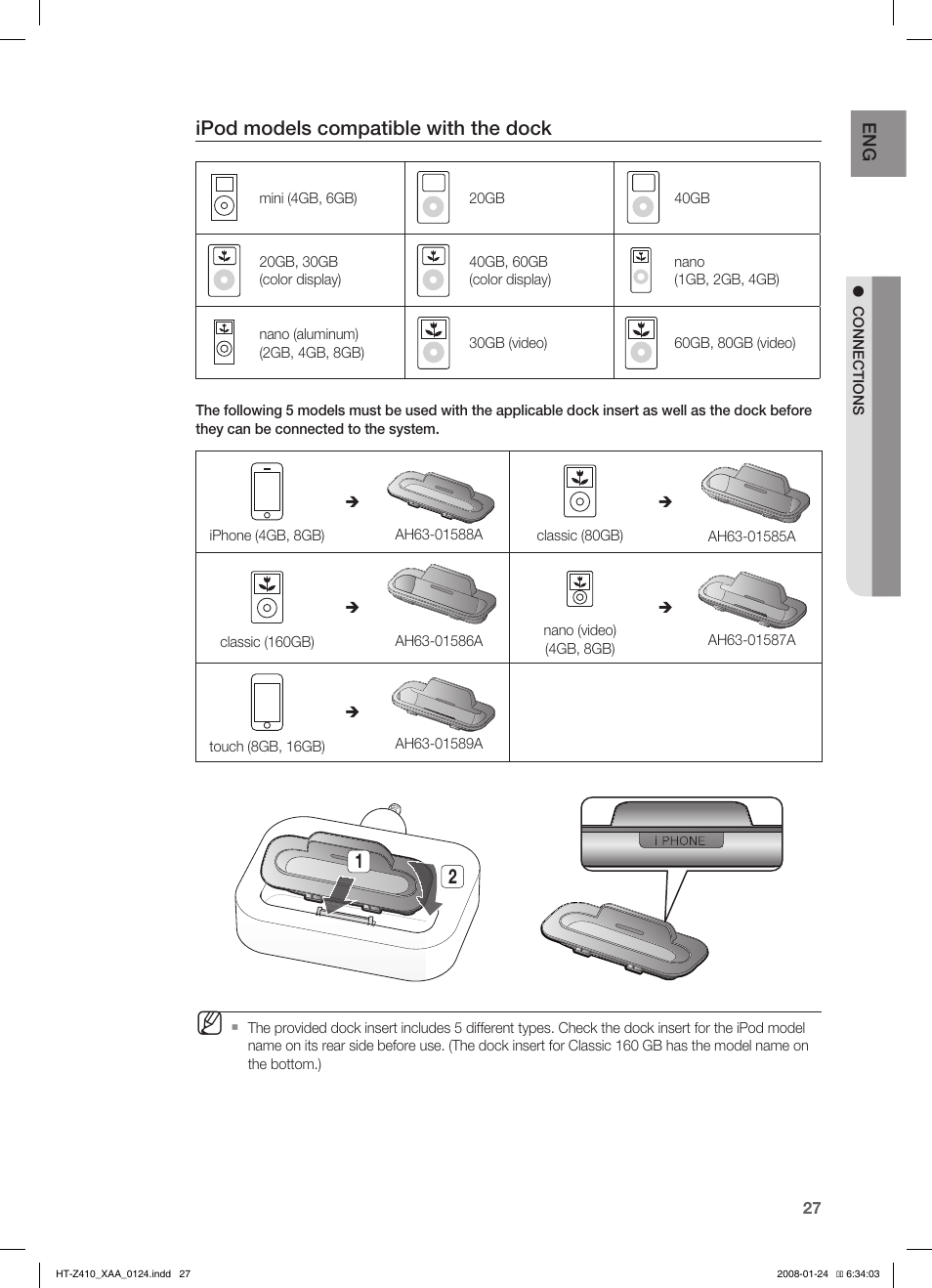 Ipod models compatible with the dock | Samsung HT-Z410T-XAA User Manual | Page 28 / 71