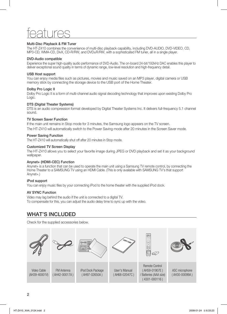 Features, What’s included | Samsung HT-Z410T-XAA User Manual | Page 3 / 71