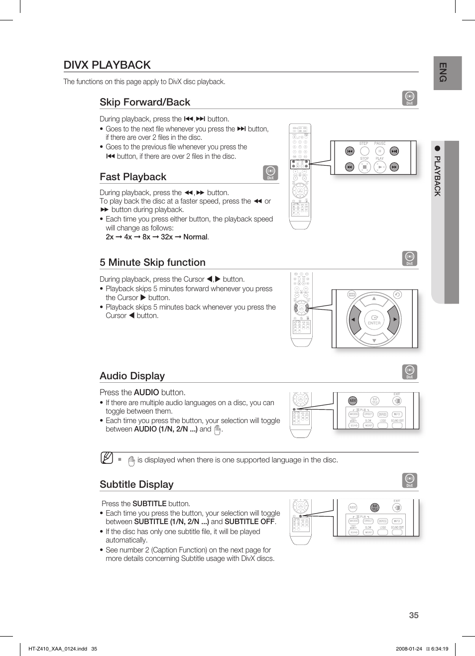 Divx playback | Samsung HT-Z410T-XAA User Manual | Page 36 / 71
