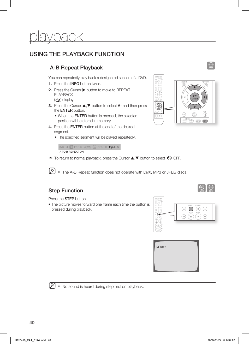 Playback, Using the playback function | Samsung HT-Z410T-XAA User Manual | Page 41 / 71