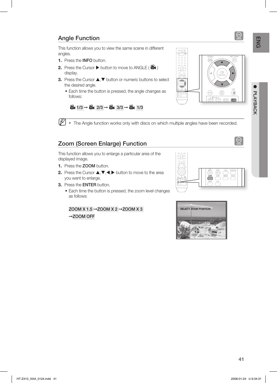 Angle function, Zoom (screen enlarge) function | Samsung HT-Z410T-XAA User Manual | Page 42 / 71