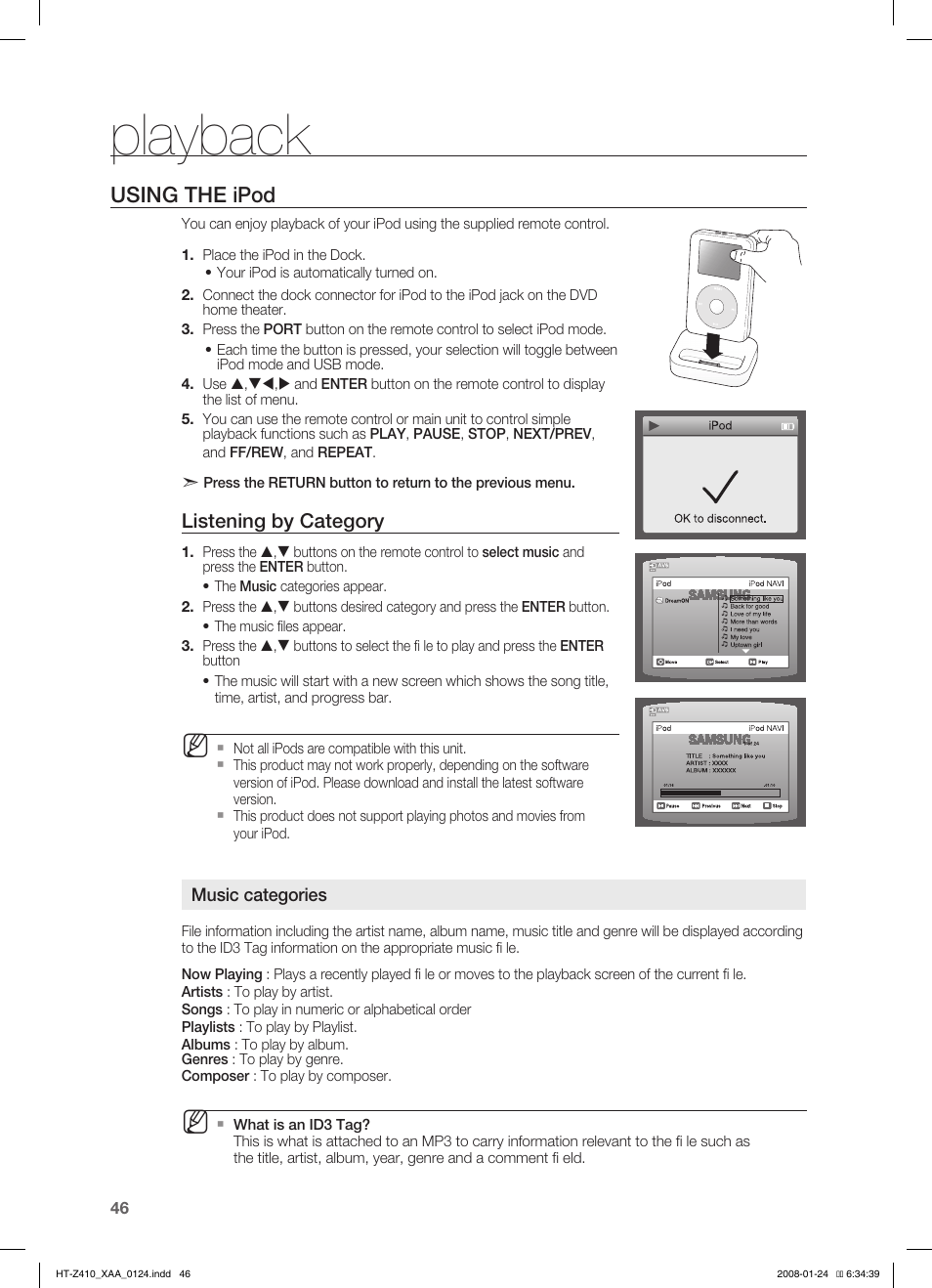 Using the ipod, Playback, Listening by category | Samsung HT-Z410T-XAA User Manual | Page 47 / 71