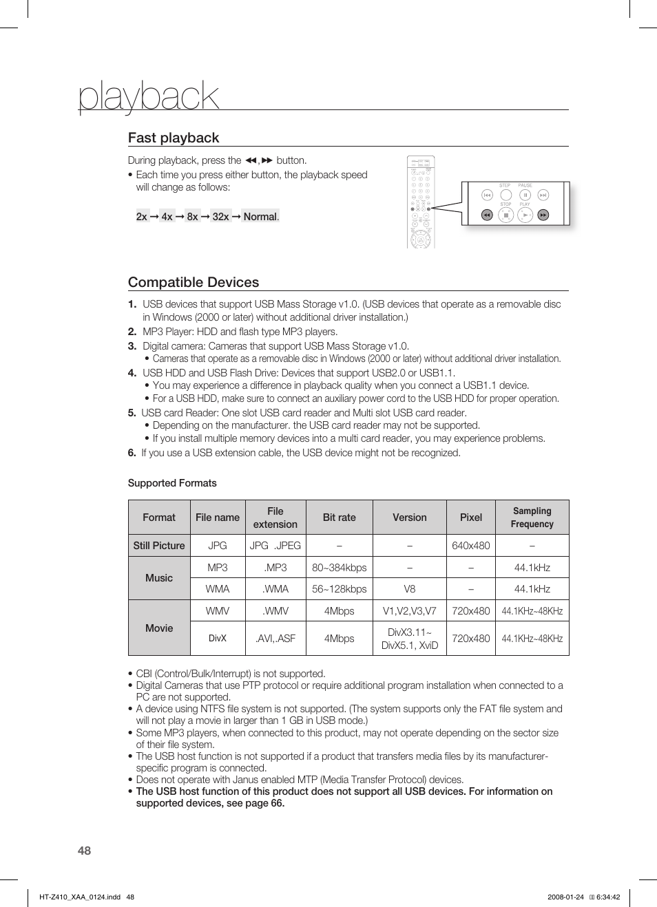 Playback, Fast playback, Compatible devices | Samsung HT-Z410T-XAA User Manual | Page 49 / 71