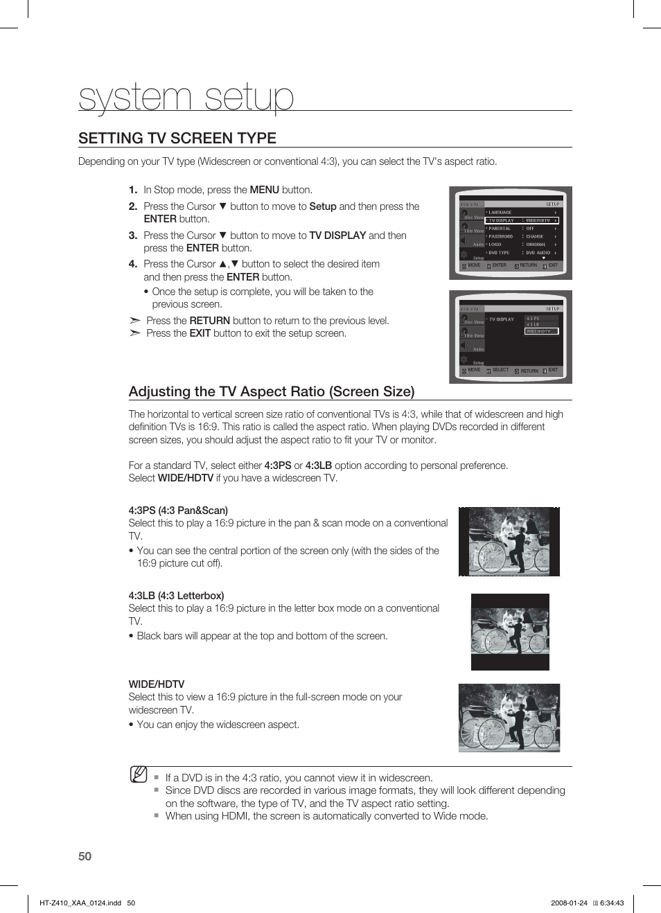 Setting tv screen type, System setup, Adjusting the tv aspect ratio (screen size) | Samsung HT-Z410T-XAA User Manual | Page 51 / 71