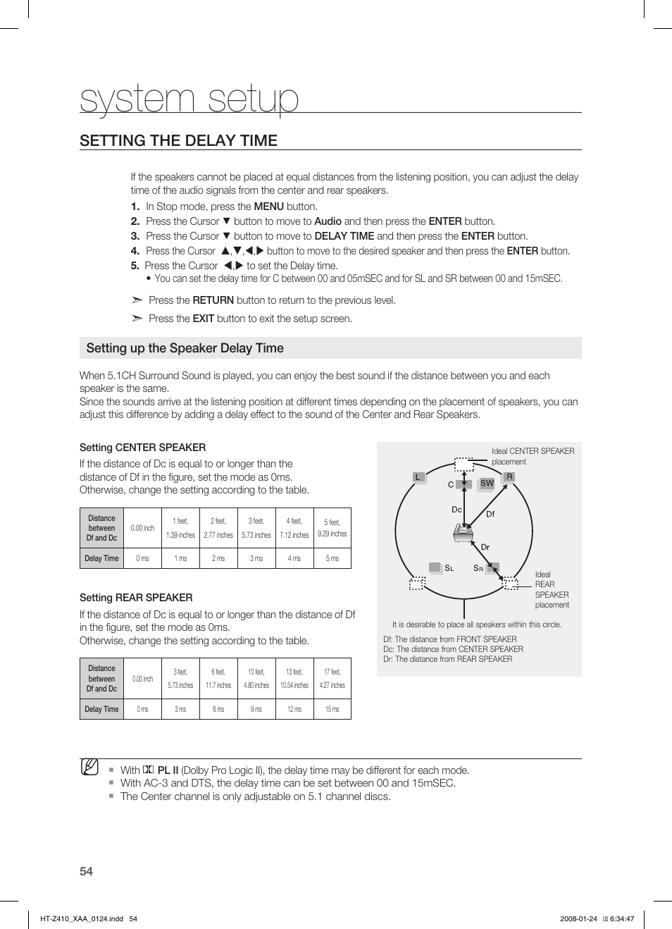 Setting the delay time, System setup, Setting up the speaker delay time | Samsung HT-Z410T-XAA User Manual | Page 55 / 71