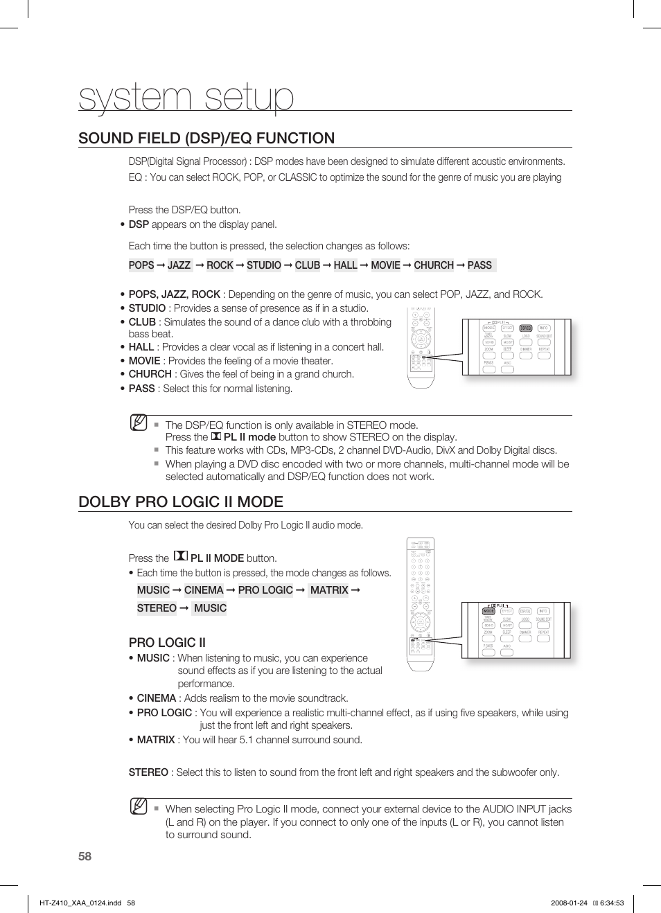 Sound field (dsp)/eq function, Dolby pro logic ii mode, System setup | Samsung HT-Z410T-XAA User Manual | Page 59 / 71