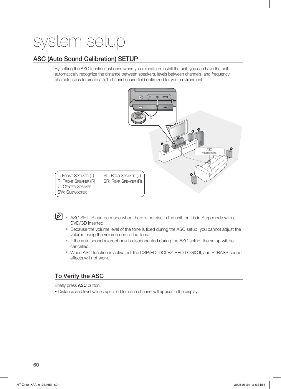 Asc (auto sound calibration) setup, System setup | Samsung HT-Z410T-XAA User Manual | Page 61 / 71