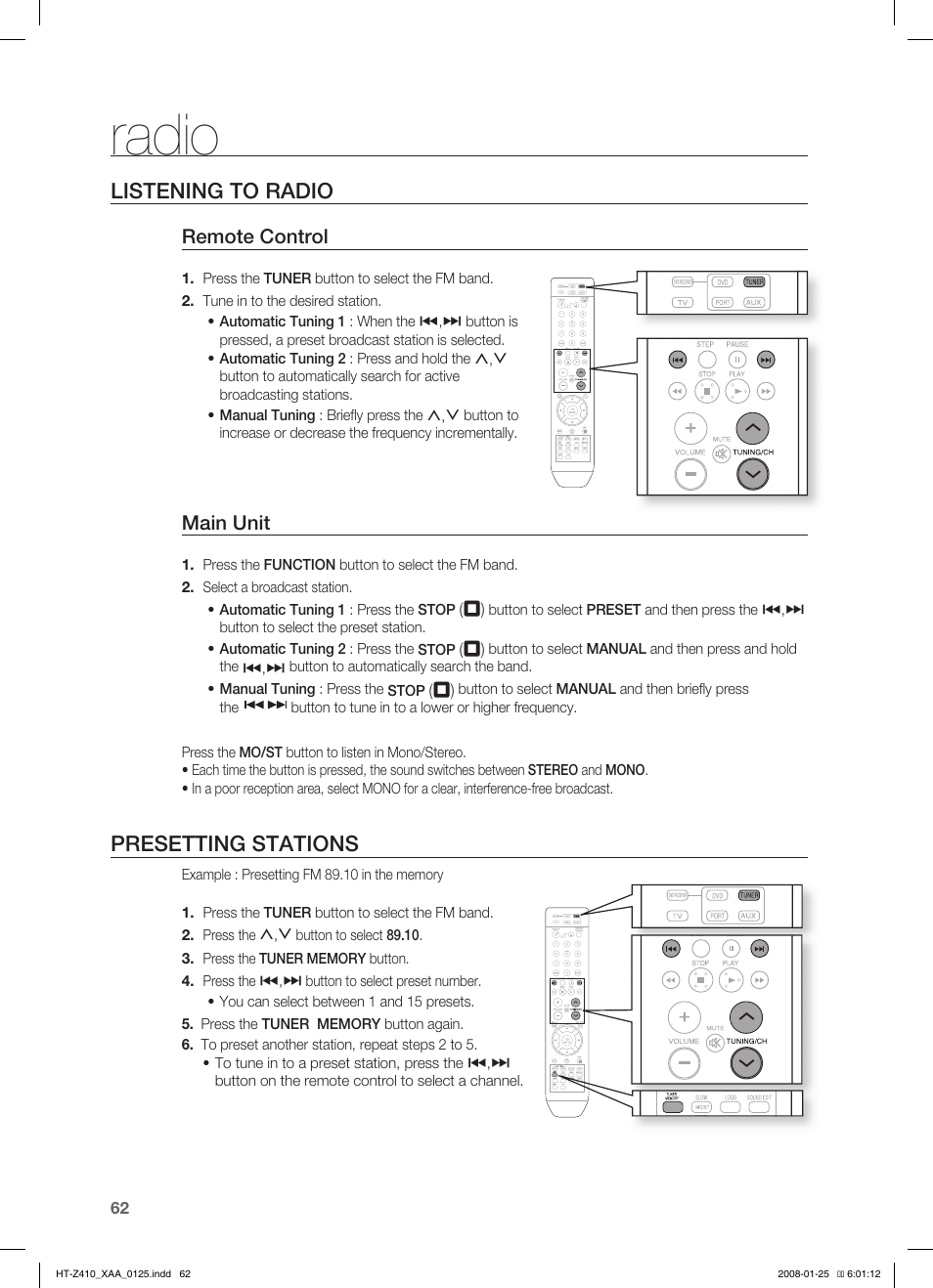 Listening to radio, Presetting stations, Radio | Samsung HT-Z410T-XAA User Manual | Page 63 / 71