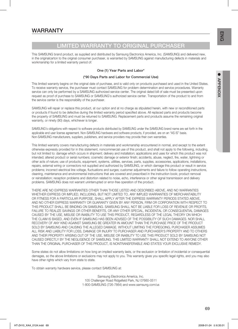 Warranty, Warranty limited warranty to original purchaser | Samsung HT-Z410T-XAA User Manual | Page 70 / 71