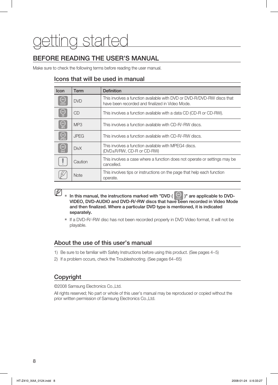 Getting started | Samsung HT-Z410T-XAA User Manual | Page 9 / 71