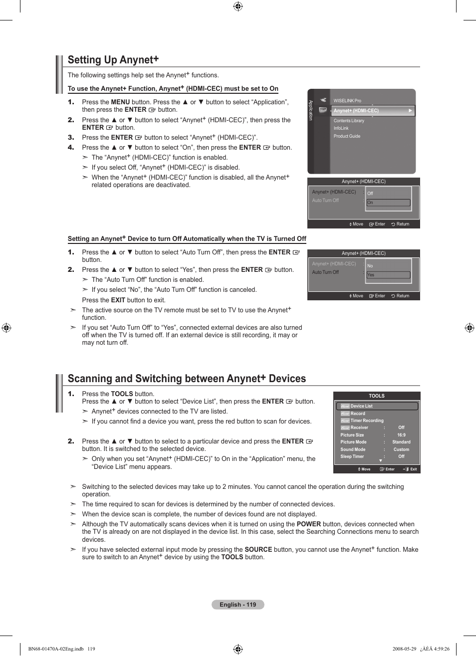Setting up anynet, Scanning and switching between anynet+ devices | Samsung LN46A750R1FXZA User Manual | Page 121 / 273