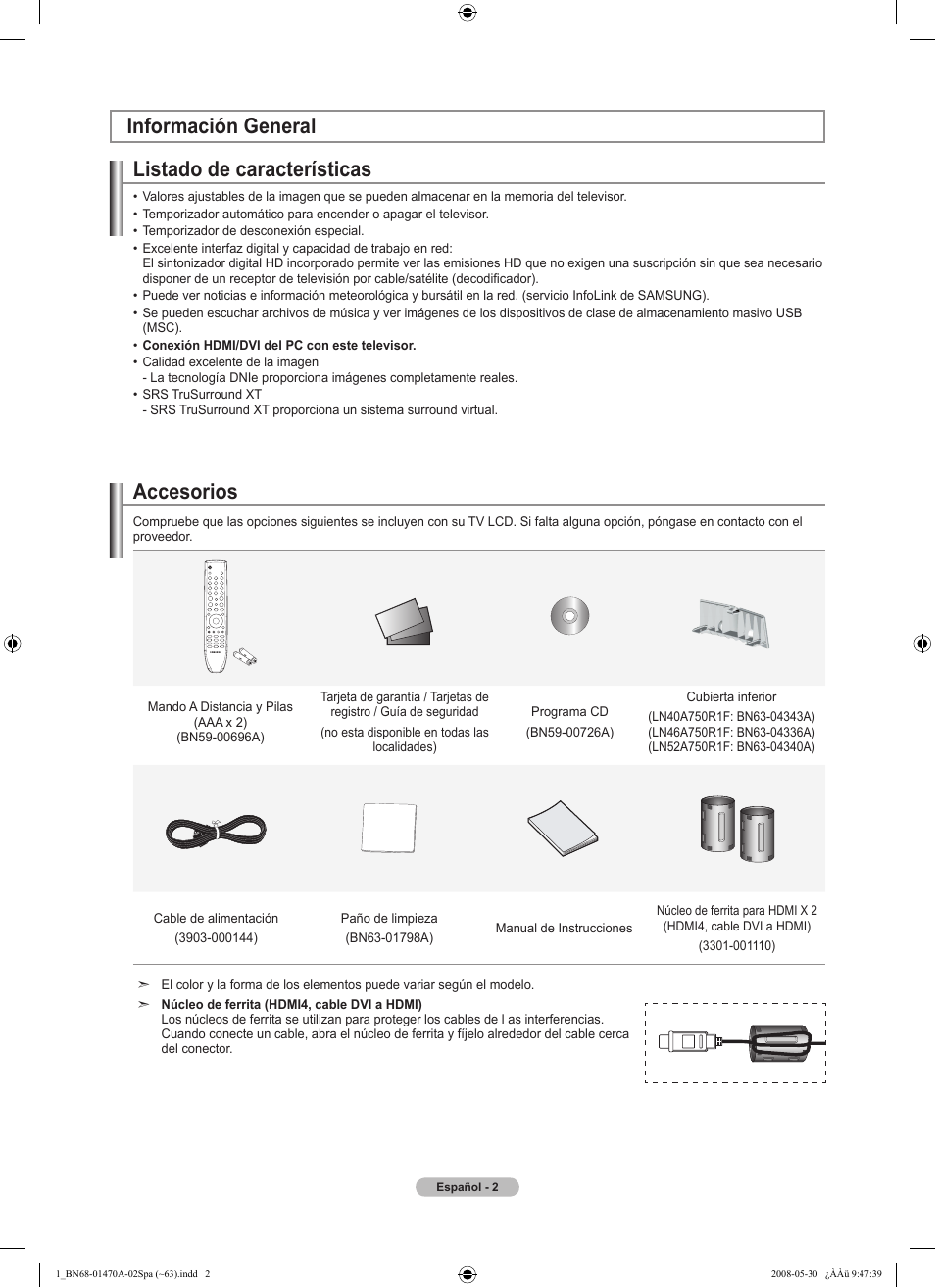 Listado de características, Información general accesorios | Samsung LN46A750R1FXZA User Manual | Page 144 / 273
