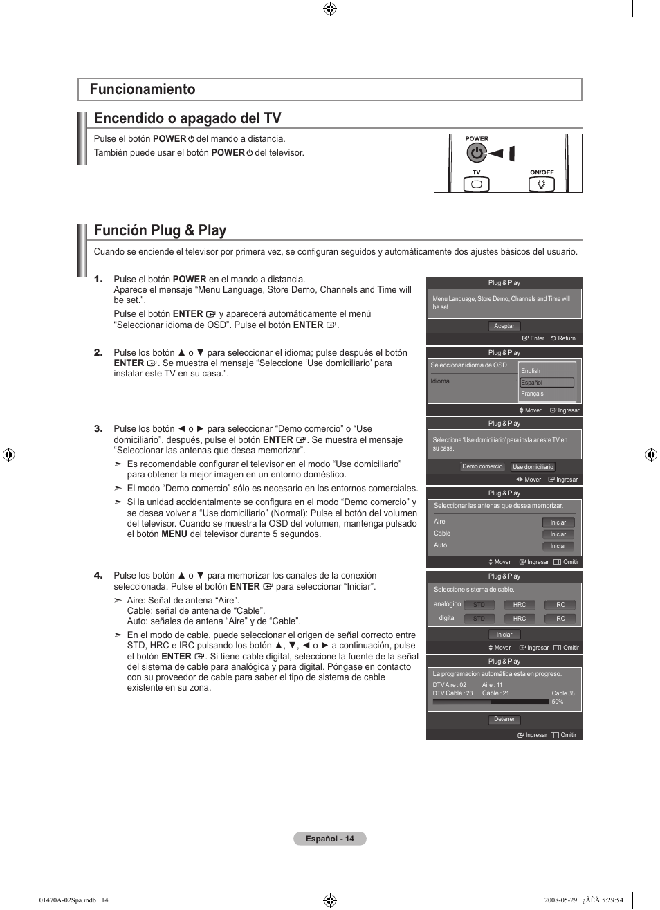 Encendido o apagado del tv, Funcionamiento función plug & play | Samsung LN46A750R1FXZA User Manual | Page 156 / 273