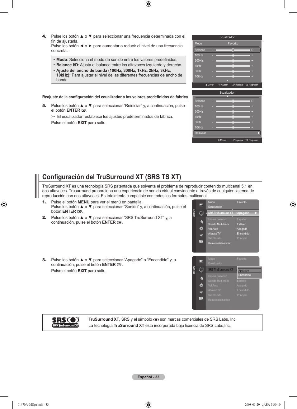Configuración del trusurround xt (srs ts xt) | Samsung LN46A750R1FXZA User Manual | Page 175 / 273