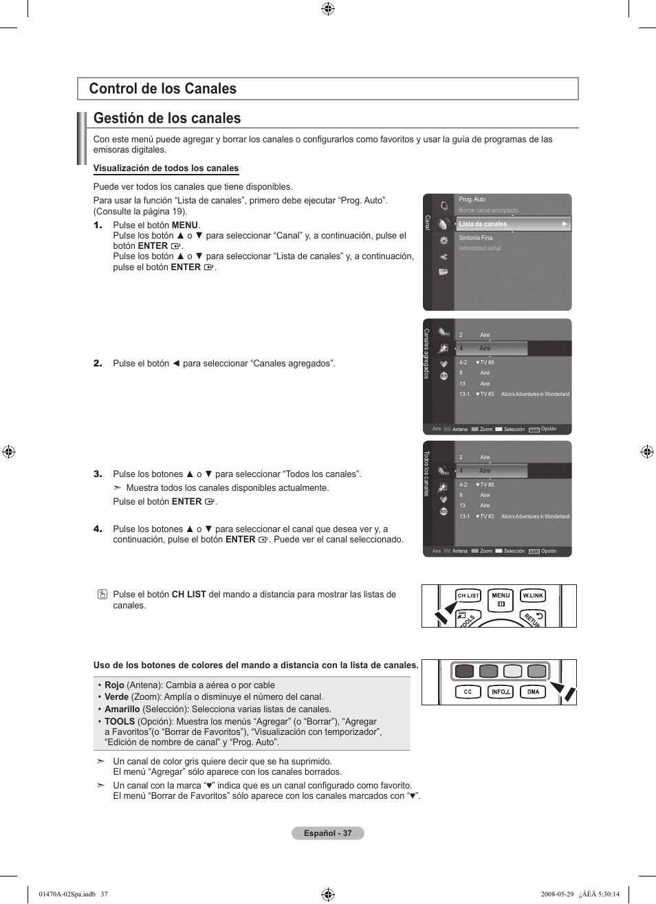 Gestión de los canales, Control de los canales | Samsung LN46A750R1FXZA User Manual | Page 179 / 273