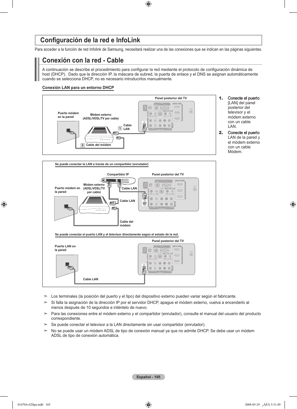 Conexión con la red - cable, Configuración de la red e infolink | Samsung LN46A750R1FXZA User Manual | Page 247 / 273