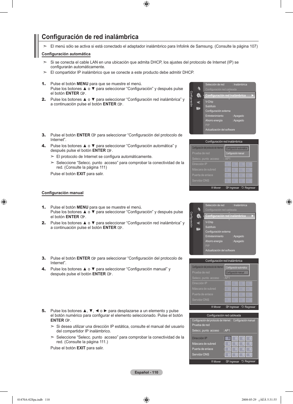 Configuración de red inalámbrica | Samsung LN46A750R1FXZA User Manual | Page 252 / 273