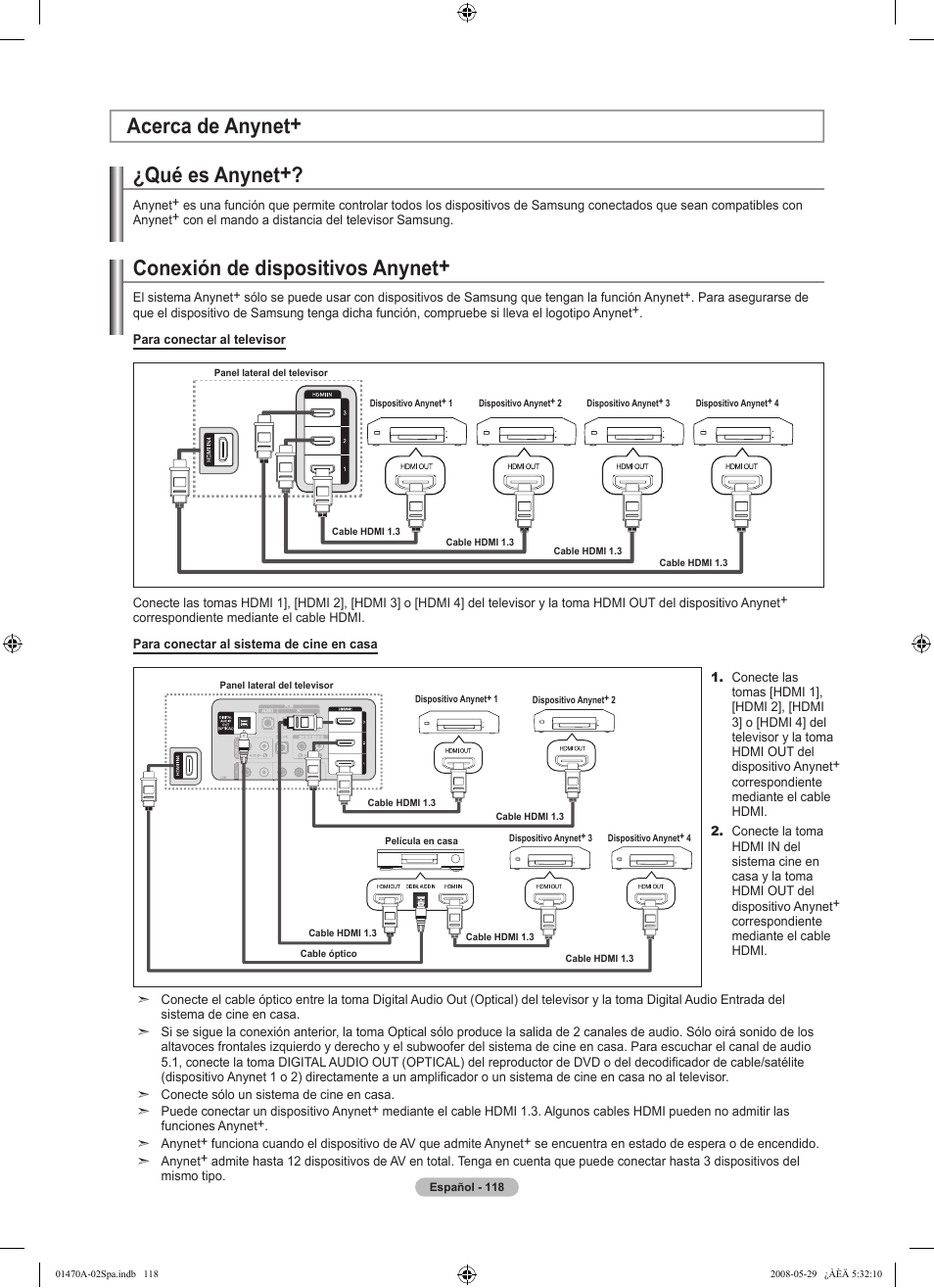 Qué es anynet, Acerca de anynet+ conexión de dispositivos anynet | Samsung LN46A750R1FXZA User Manual | Page 260 / 273