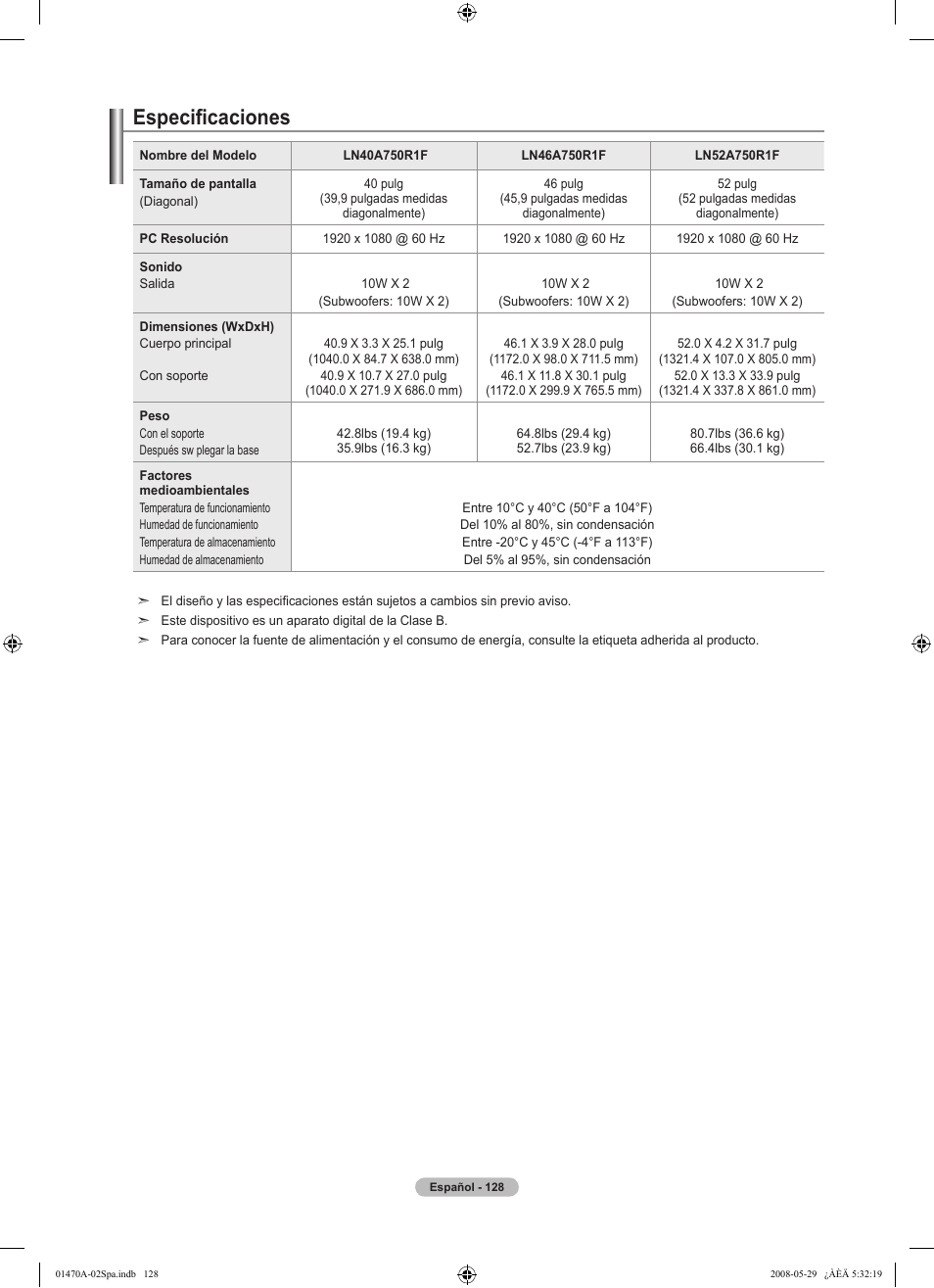 Especificaciones | Samsung LN46A750R1FXZA User Manual | Page 270 / 273