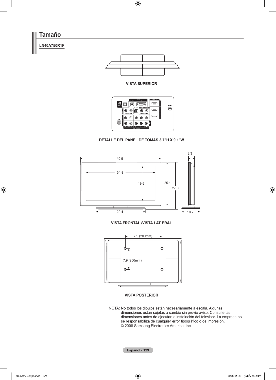 Tamaño | Samsung LN46A750R1FXZA User Manual | Page 271 / 273